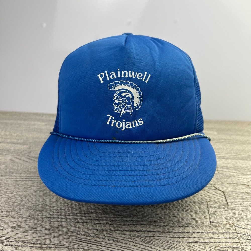 Vintage 80s Plainwell Trojans Trucker Hat Cap Snap Back Adjustable Blue Adult‎